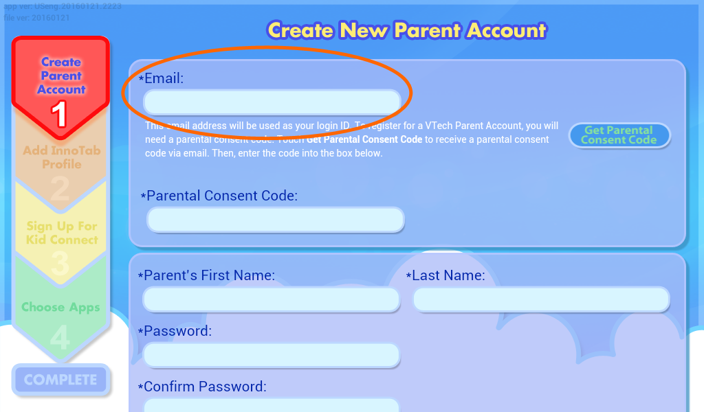 Create New Parent Account screen